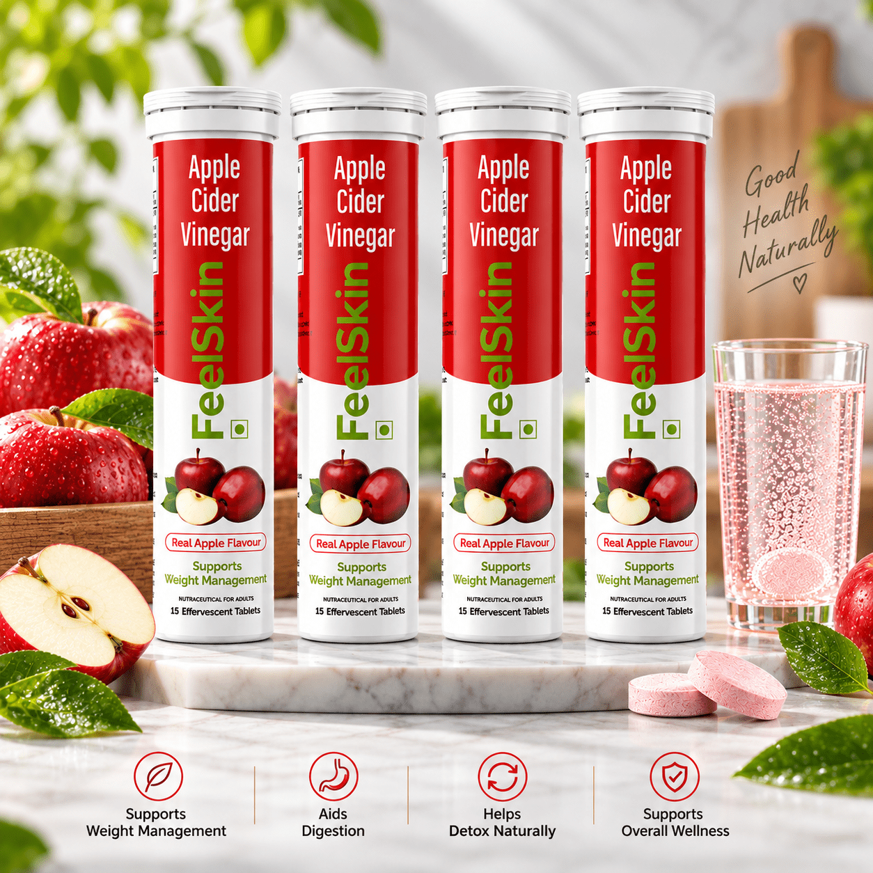 4 pc FeelSkin Apple Cider Vinegar Effervescent Tablets – 4 PC Combo Pack - Image 1