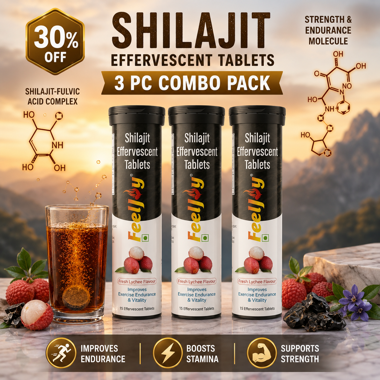 3pcs FeelJoy Shilajit Effervescent Tablets – 3 PC Combo Pack - Image 1